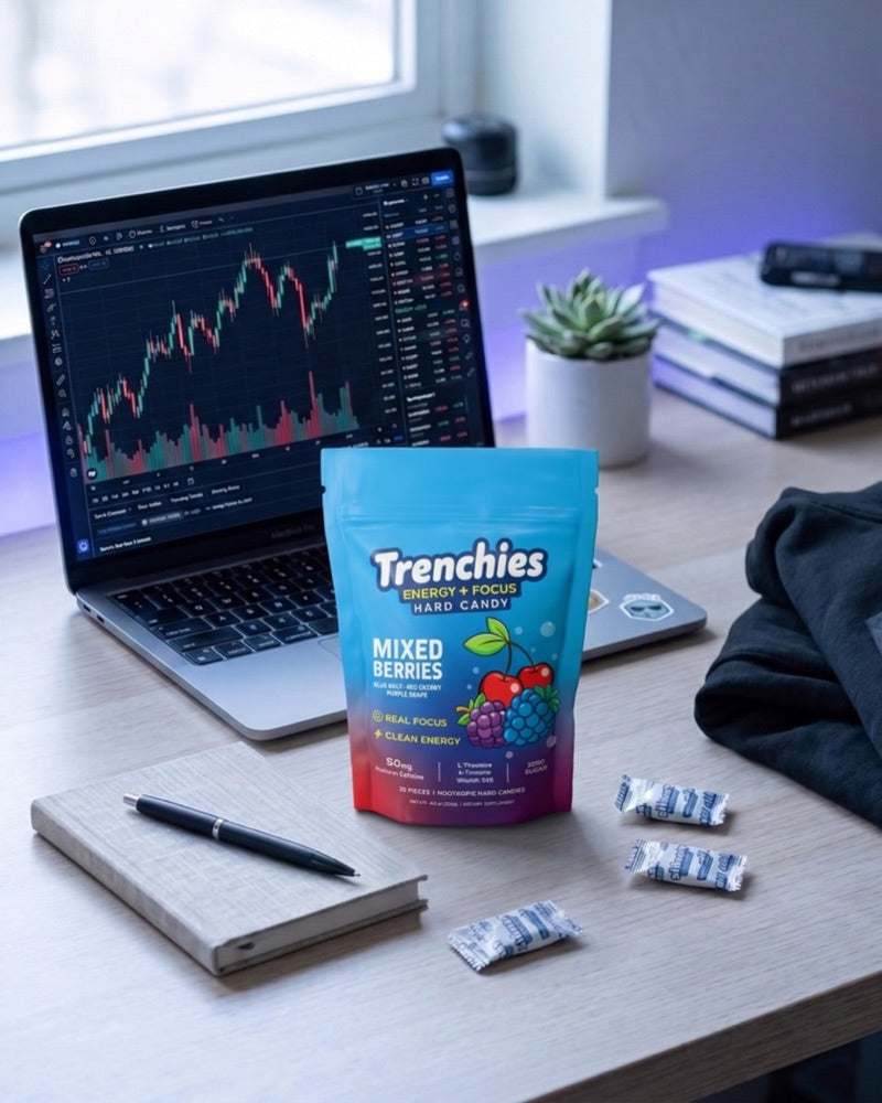 Trenchies pouch on a desk next to a laptop with a trading chart