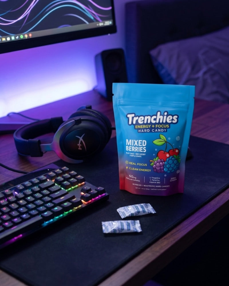 Trenchies pouch on a gaming desk with RGB keyboard and headset