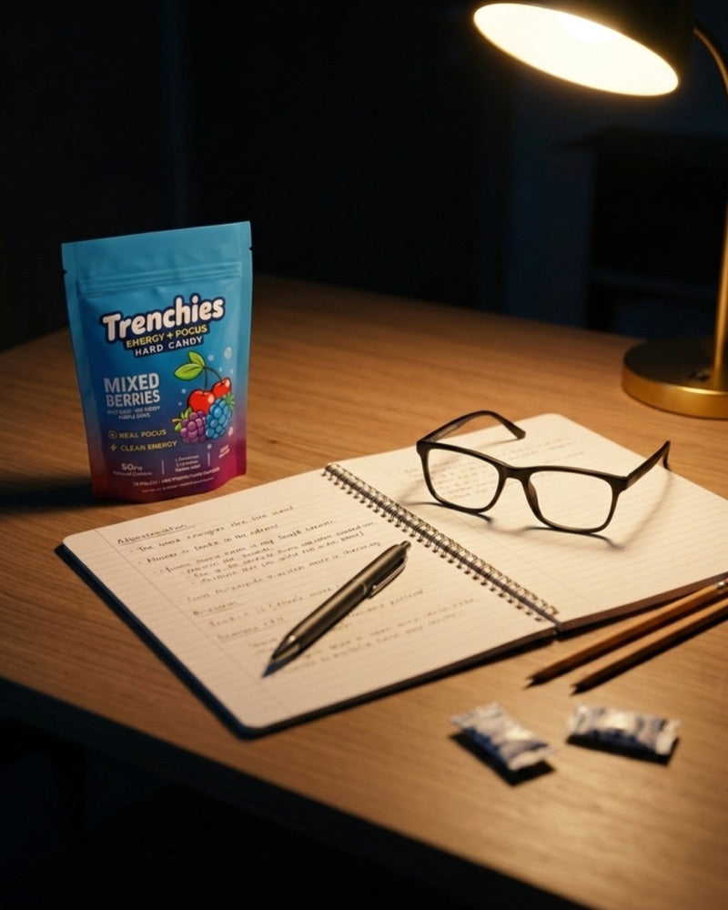 Trenchies pouch on a late night study desk with notebook and glasses